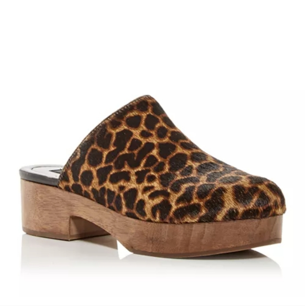 Aqua Leopard Calf Hair Clogs Size 6 1/2